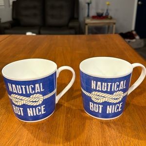 2-“Nautical but Nice” mugs. Pure white inside. Denim type finish with knot. 4x3
